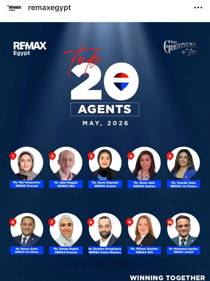 Mohamed Gabry recognized among Top 20 Agents at RE/MAX Egypt May 2026